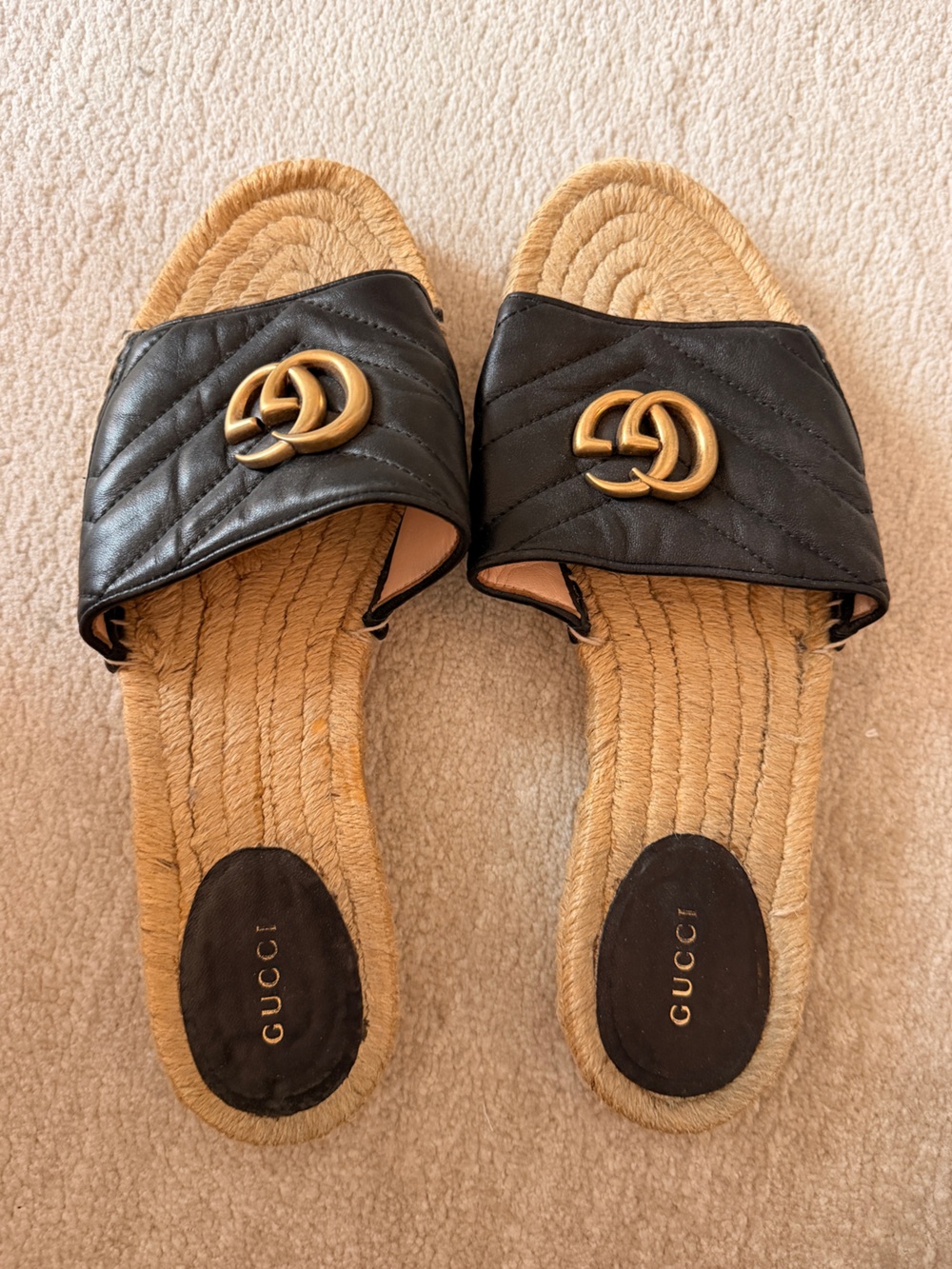 Gucci Marmont Black Quilted Leather Espadrille Slides